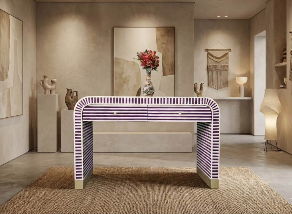 Handcrafted Bone Inlay Striped Console Table | Modern Entryway Luxury Decor