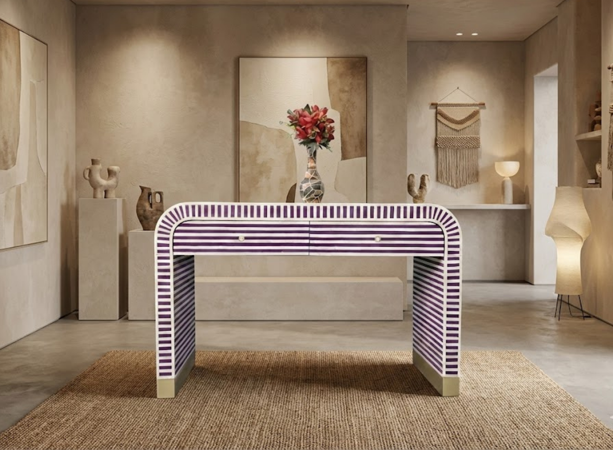 Handcrafted Bone Inlay Striped Console Table | Modern Entryway Luxury Decor