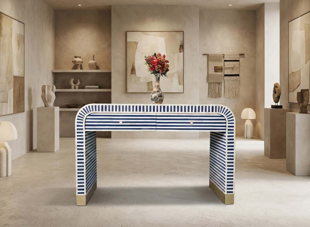 Handcrafted Bone Inlay Striped Console Table | Modern Entryway Luxury Decor