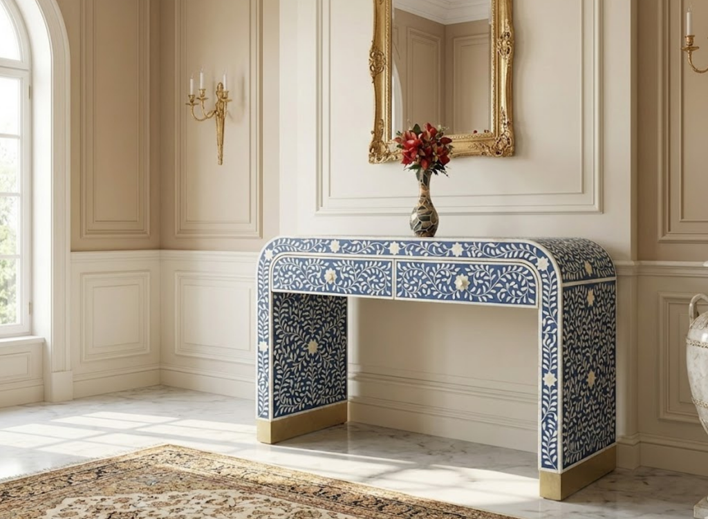 Handcrafted Bone Inlay & Resin Console Table | Luxury Entryway Table | Artisan Furniture