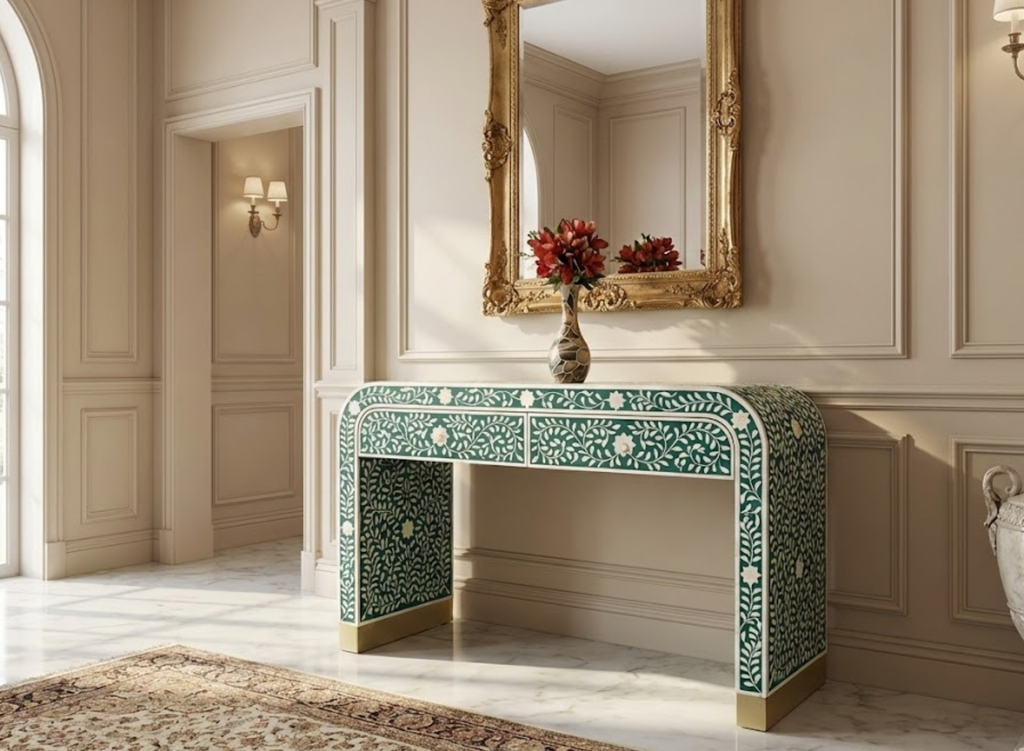 Handcrafted Bone Inlay & Resin Console Table | Luxury Entryway Table | Artisan Furniture