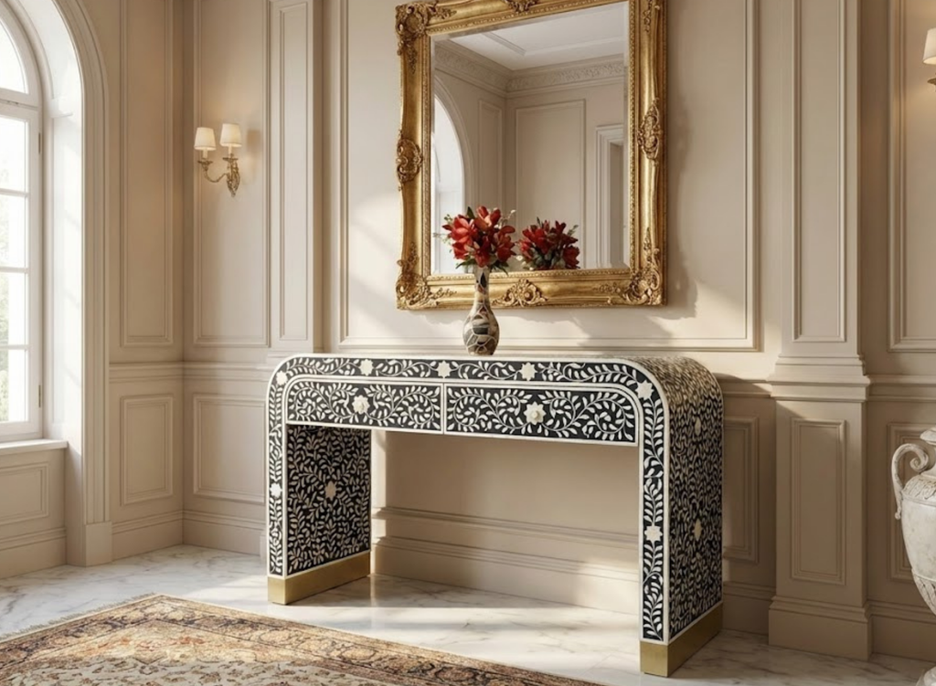 Handcrafted Bone Inlay & Resin Console Table | Luxury Entryway Table | Artisan Furniture