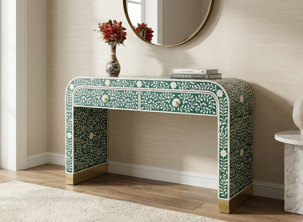 Handcrafted Bone Inlay & Resin Console Table | Luxury Entryway Table | Artisan Furniture
