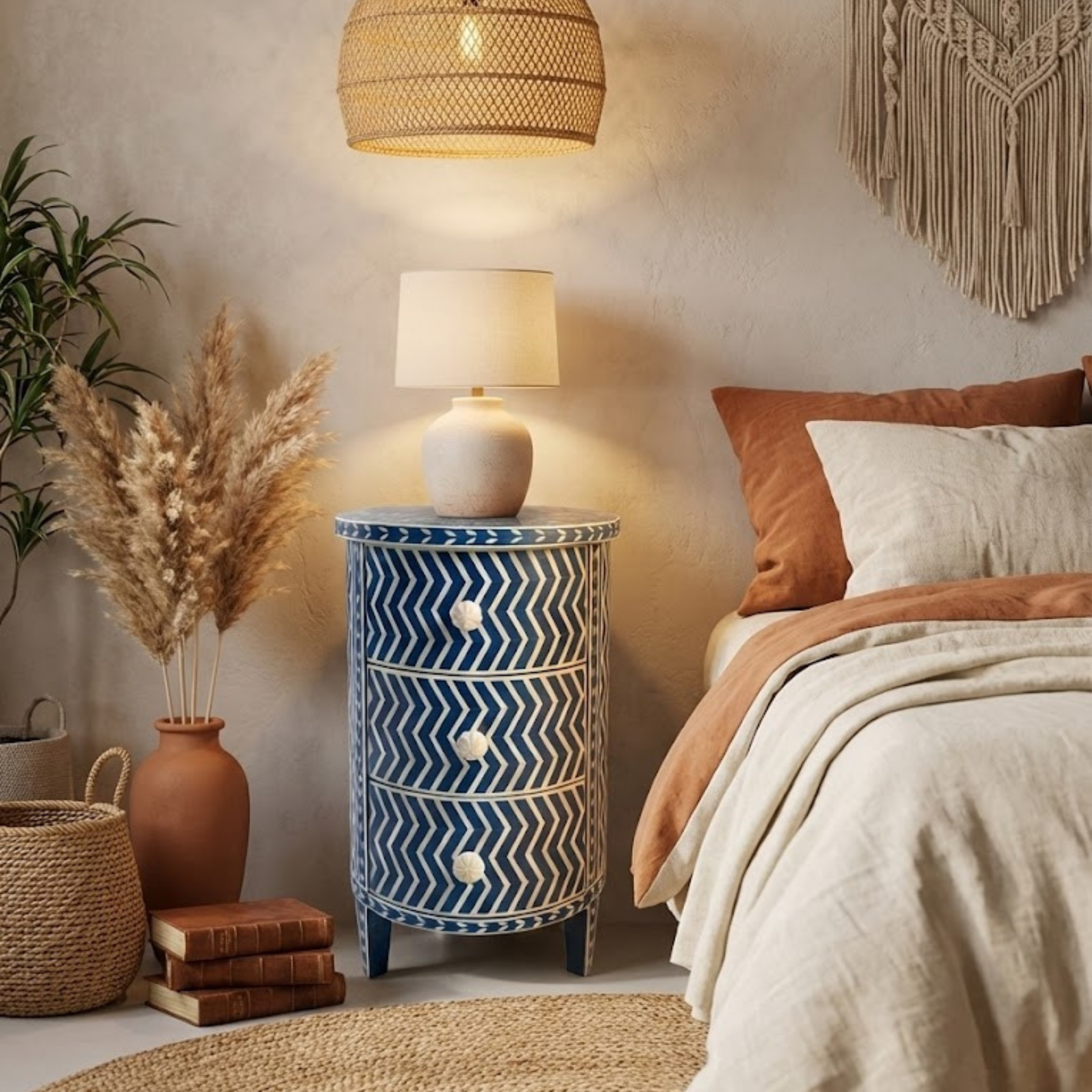 Black Bone Inlay Nightstand | Handmade Chevron 3-Drawer End Table