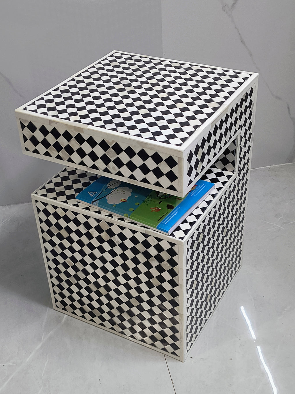 Black & White Bone Inlay End Table: Modern Geometric Side Table