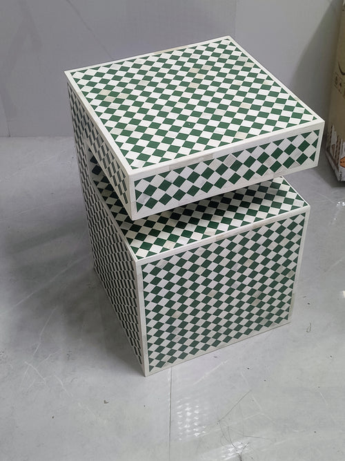 Black & White Bone Inlay End Table: Modern Geometric Side Table