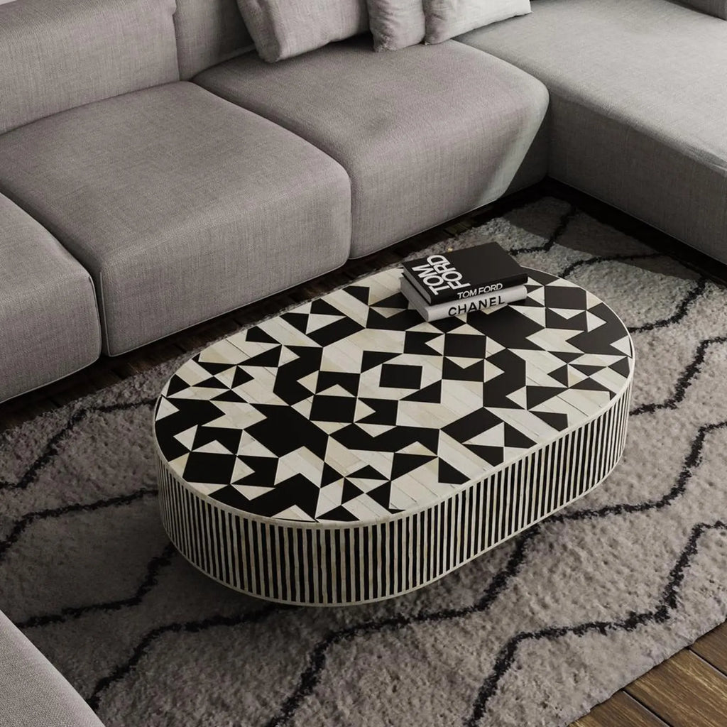 Handmade Bone Inlay Coffee Table | Oval Resin Decorative Table for Home Decor | Luxury Inlay Accent Furniture