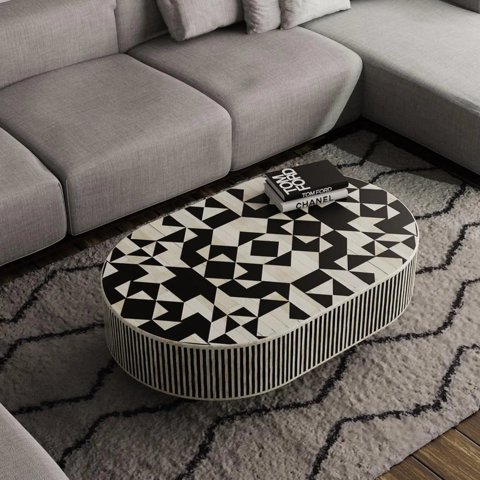 Handmade Bone Inlay Coffee Table | Oval Resin Decorative Table for Home Decor | Luxury Inlay Accent Furniture