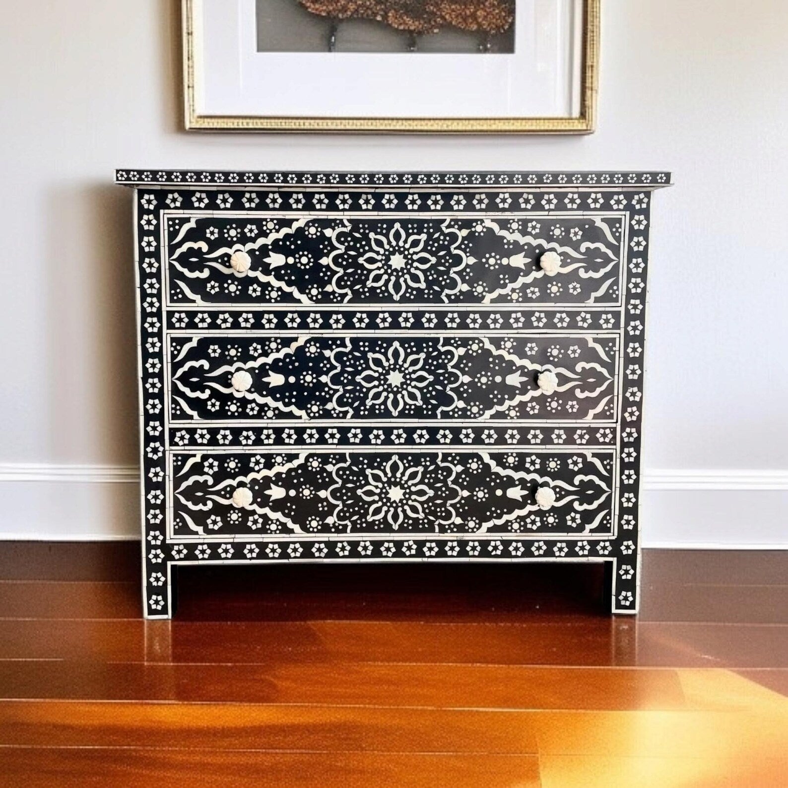 Handmade Bone Inlay Dresser | Boho Floral Resin Chest of Drawers | Luxury Handcrafted Storage Cabinet for Home Decor