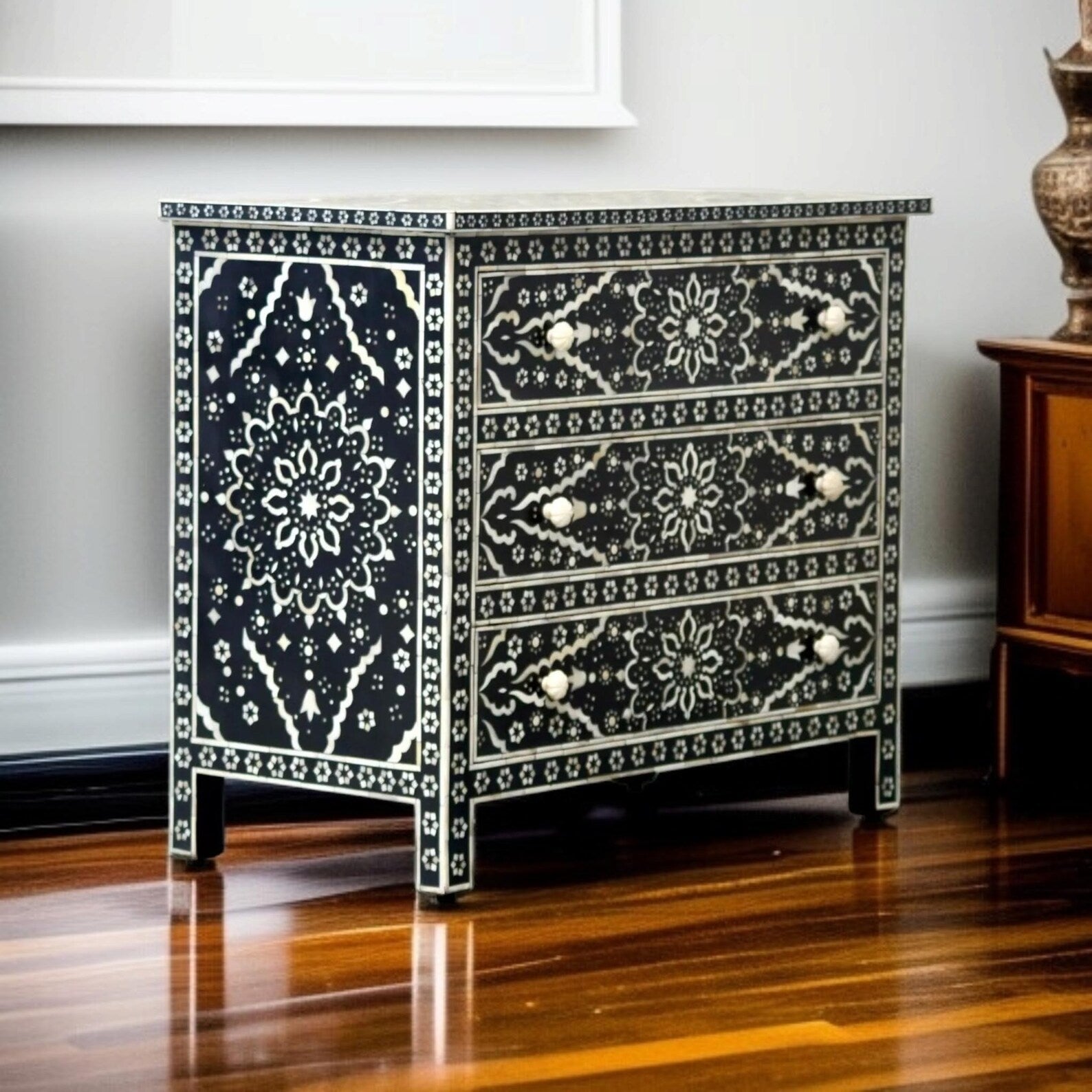 Handmade Bone Inlay Dresser | Boho Floral Resin Chest of Drawers | Luxury Handcrafted Storage Cabinet for Home Decor