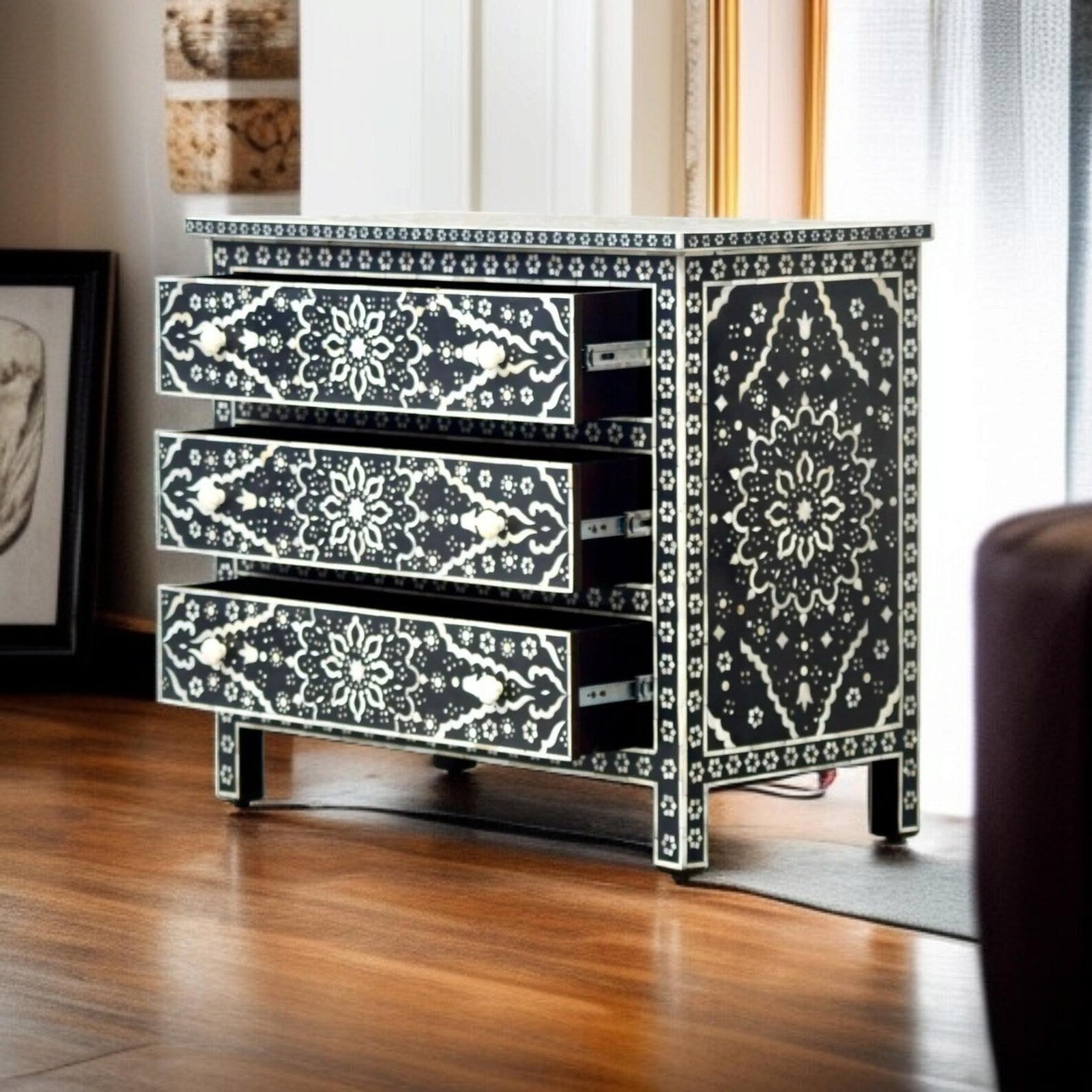 Handmade Bone Inlay Dresser | Boho Floral Resin Chest of Drawers | Luxury Handcrafted Storage Cabinet for Home Decor