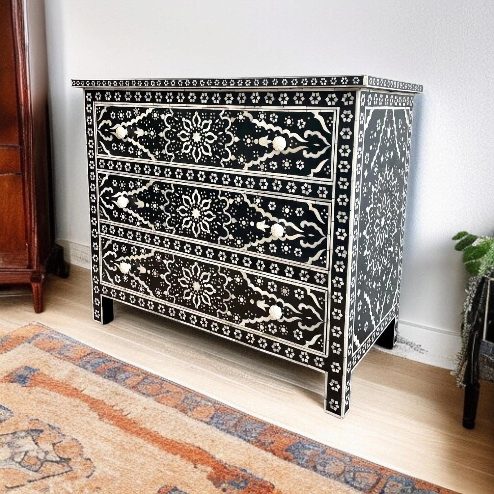 Handmade Bone Inlay Dresser | Boho Floral Resin Chest of Drawers | Luxury Handcrafted Storage Cabinet for Home Decor