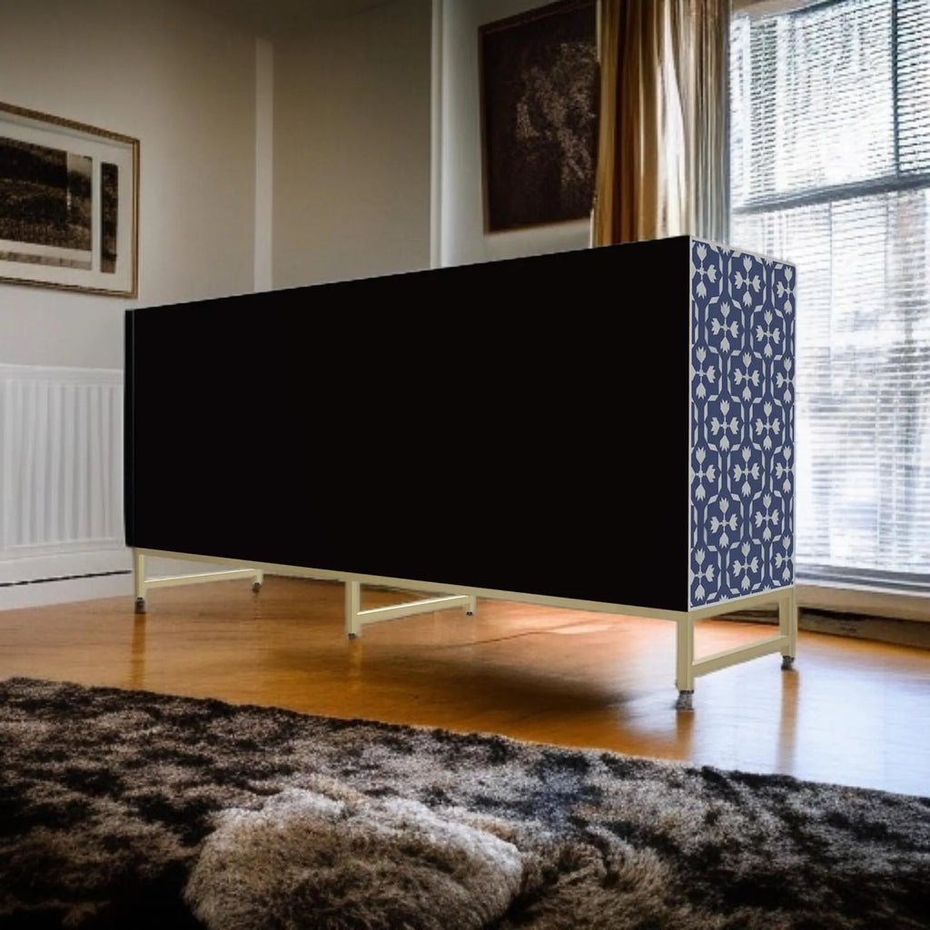 Blue Floral Resin Bone Inlay Cabinet | Handmade Decorative Sideboard for Living Room & Dining | Premium Inlay Furniture