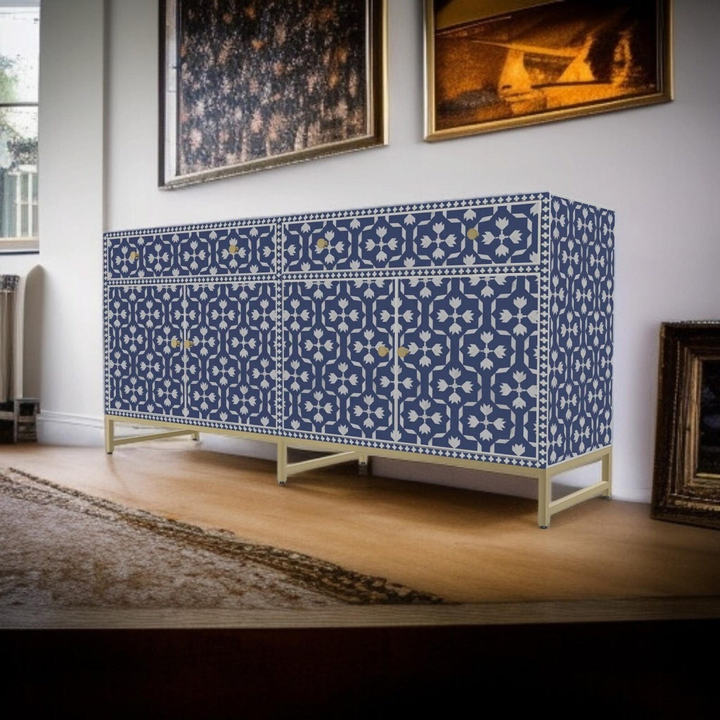 Blue Floral Resin Bone Inlay Cabinet | Handmade Decorative Sideboard for Living Room & Dining | Premium Inlay Furniture
