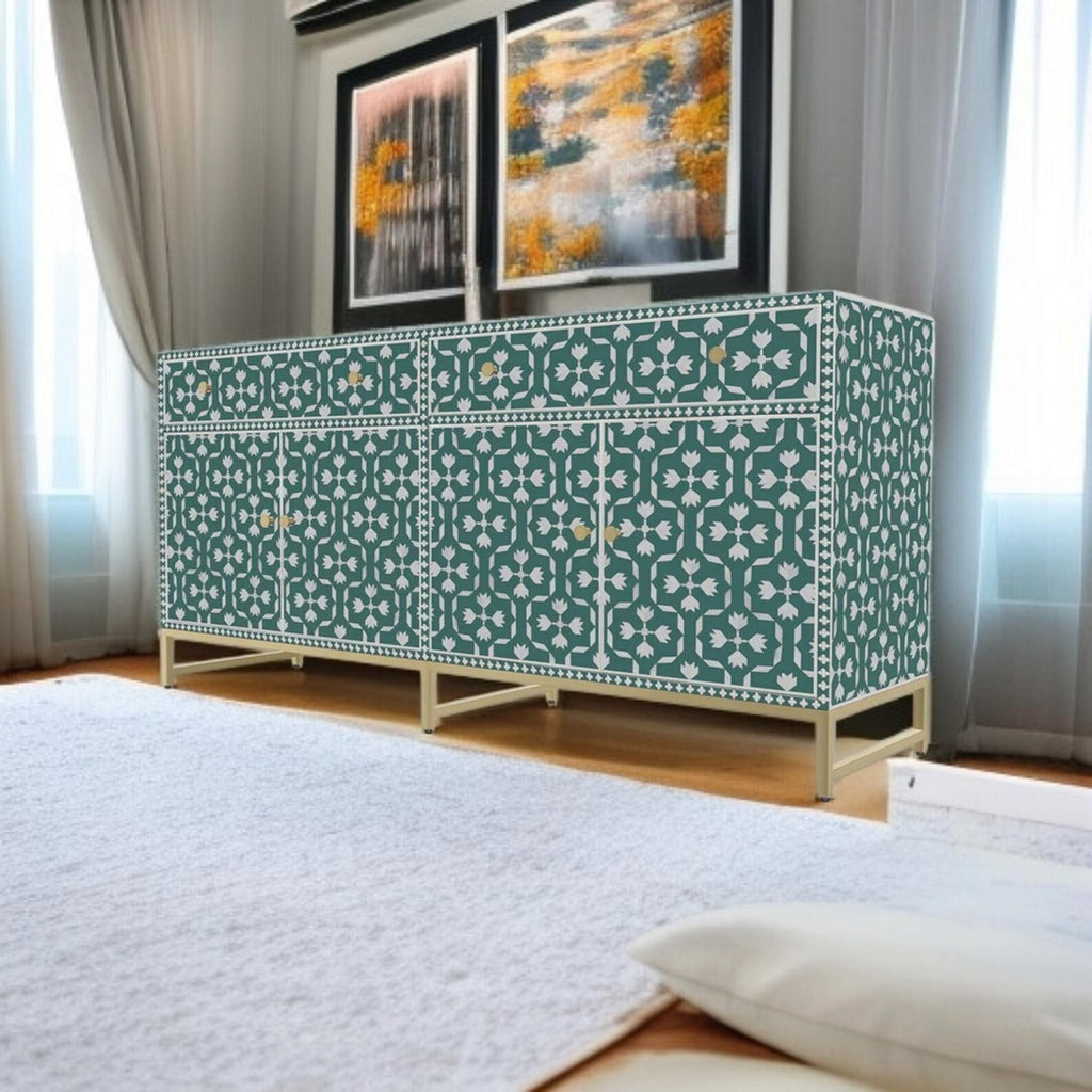 Blue Floral Resin Bone Inlay Cabinet | Handmade Decorative Sideboard for Living Room & Dining | Premium Inlay Furniture