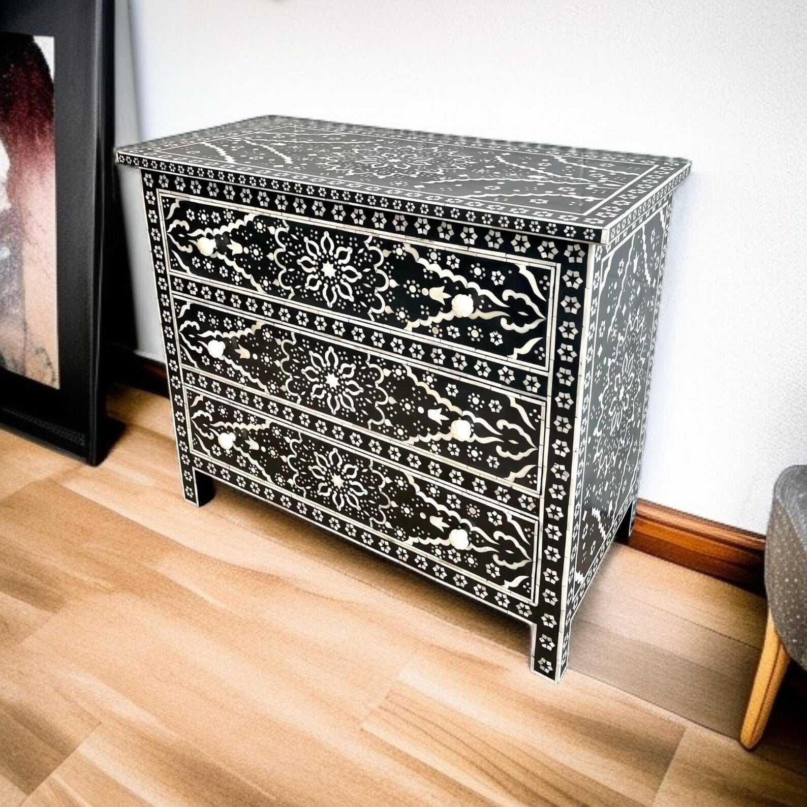 Handmade Bone Inlay Dresser | Boho Floral Resin Chest of Drawers | Luxury Handcrafted Storage Cabinet for Home Decor