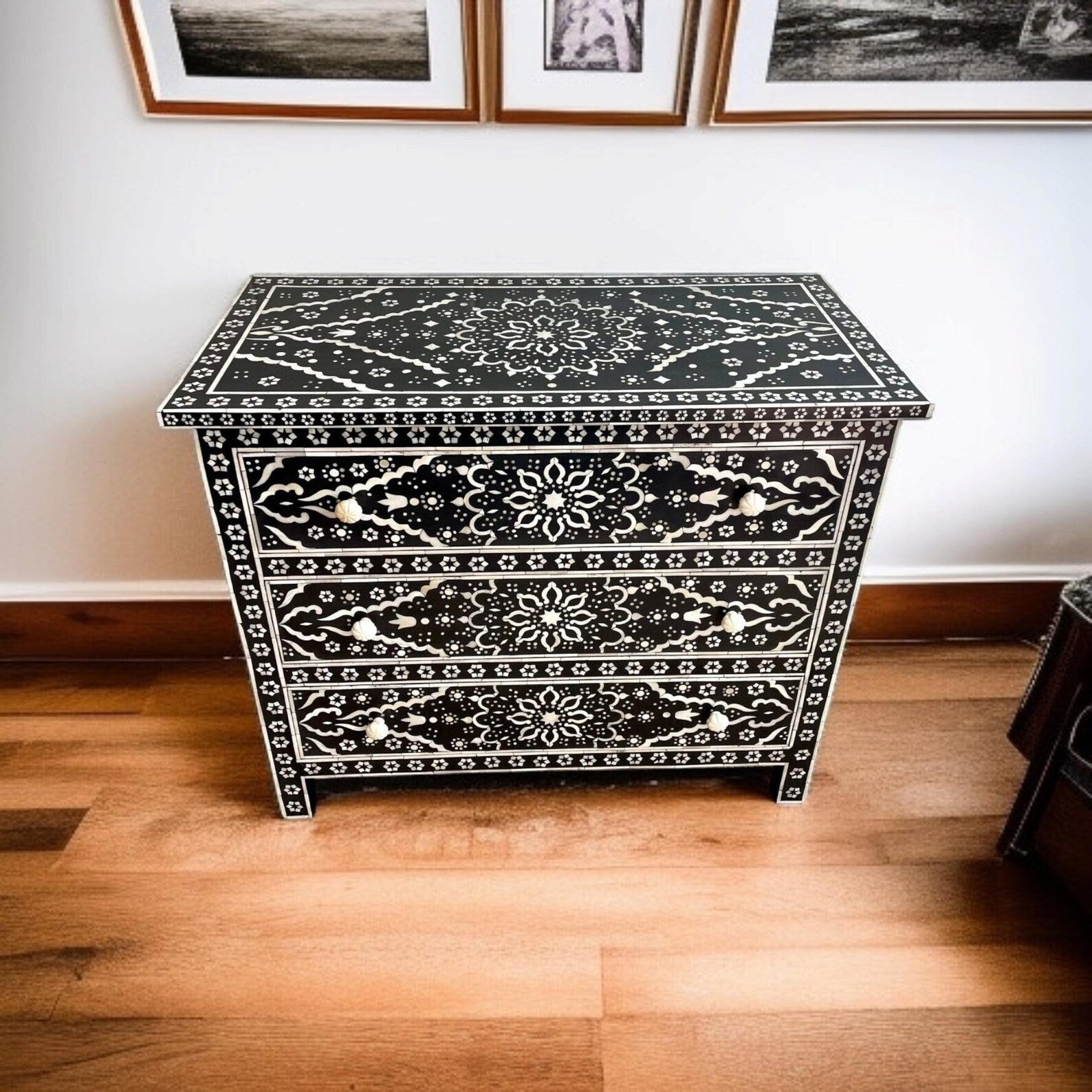 Handmade Bone Inlay Dresser | Boho Floral Resin Chest of Drawers | Luxury Handcrafted Storage Cabinet for Home Decor