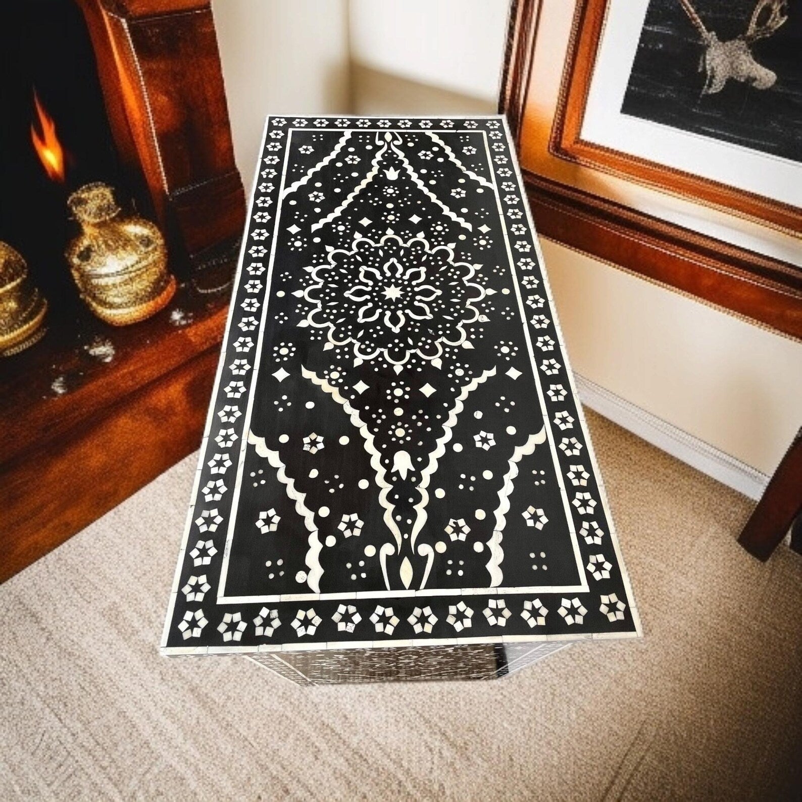 Handmade Bone Inlay Dresser | Boho Floral Resin Chest of Drawers | Luxury Handcrafted Storage Cabinet for Home Decor