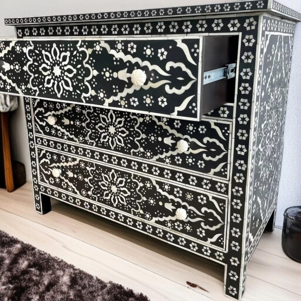 Handmade Bone Inlay Dresser | Boho Floral Resin Chest of Drawers | Luxury Handcrafted Storage Cabinet for Home Decor