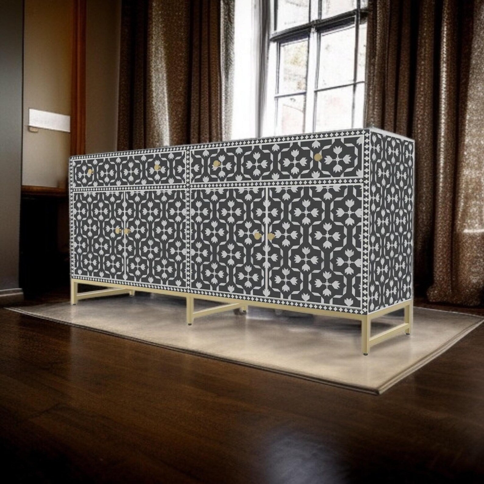 Blue Floral Resin Bone Inlay Cabinet | Handmade Decorative Sideboard for Living Room & Dining | Premium Inlay Furniture