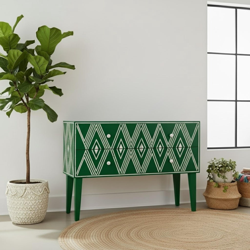 Blue Bone Inlay Console Table | Diamond Pattern Sideboard | Handmade Luxury Bone Inlay Furniture for Entryway & Living Room