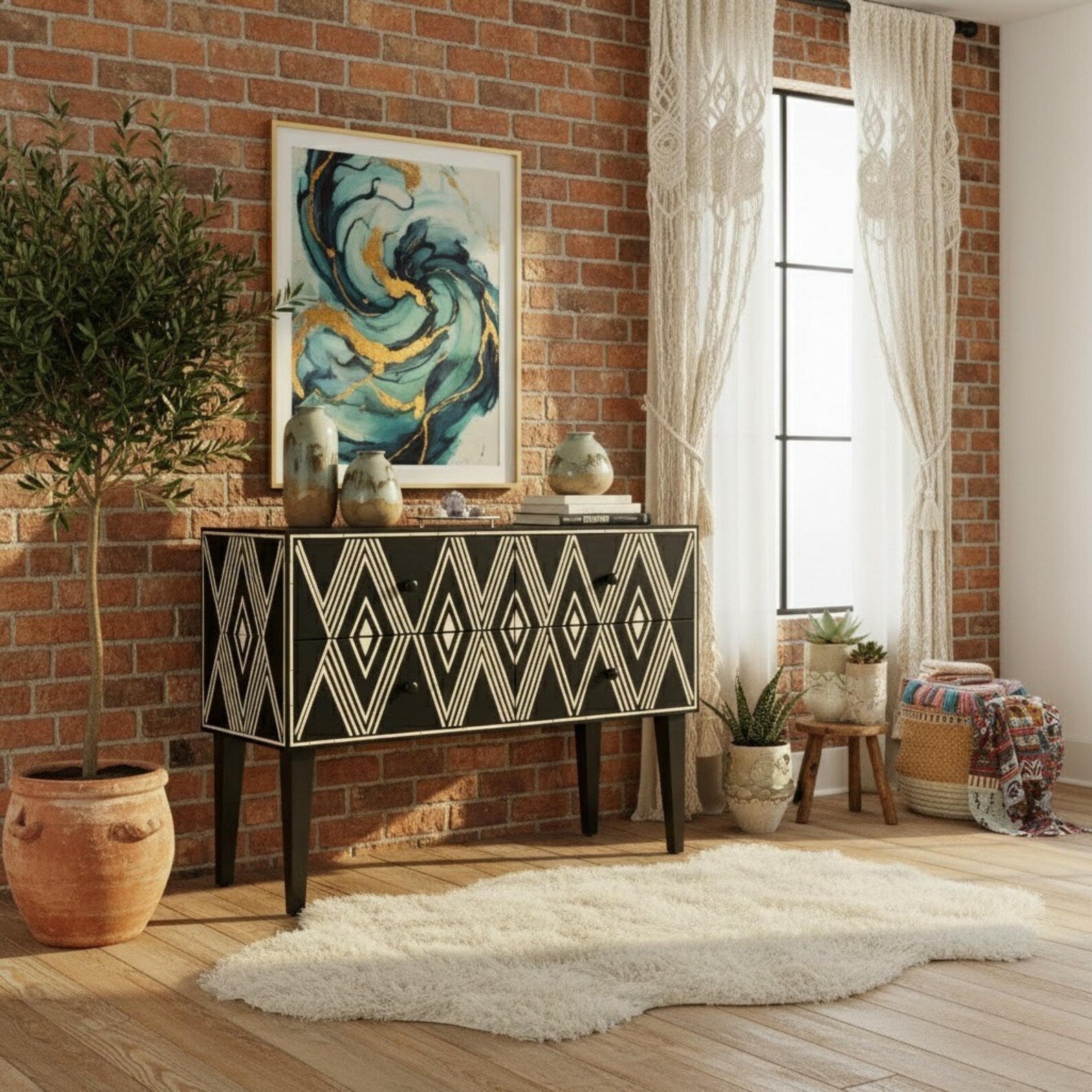 Blue Bone Inlay Console Table | Diamond Pattern Sideboard | Handmade Luxury Bone Inlay Furniture for Entryway & Living Room