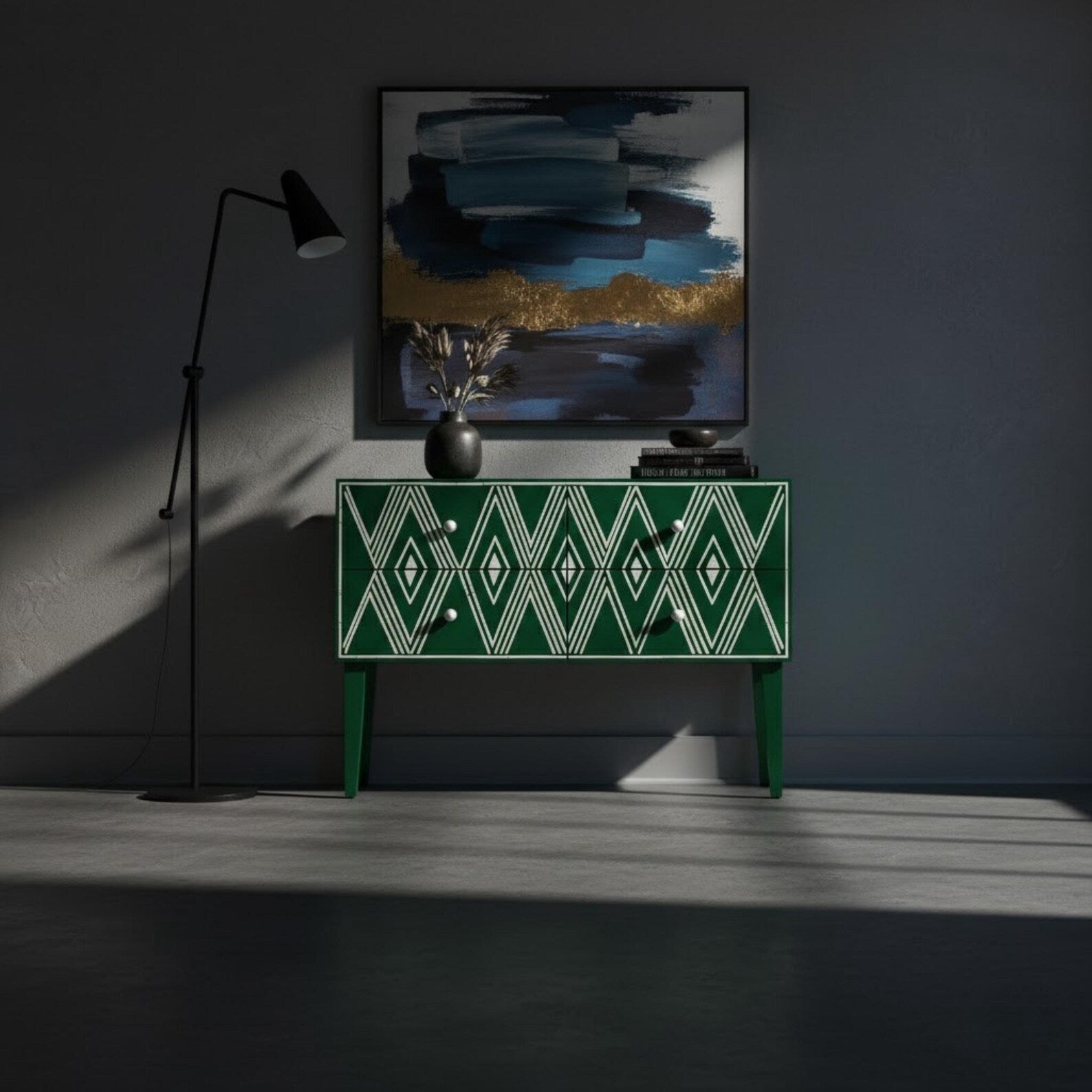 Blue Bone Inlay Console Table | Diamond Pattern Sideboard | Handmade Luxury Bone Inlay Furniture for Entryway & Living Room