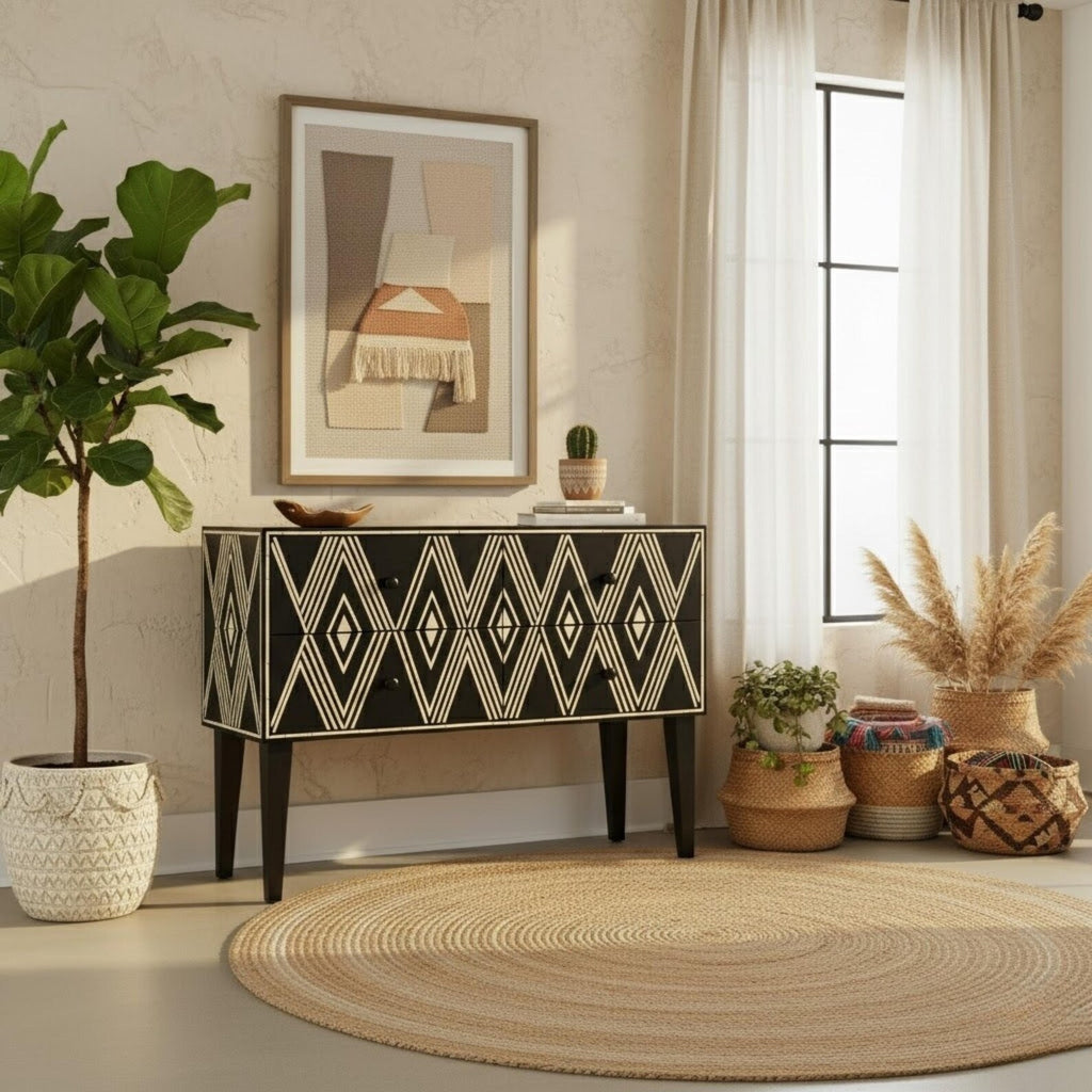 Blue Bone Inlay Console Table | Diamond Pattern Sideboard | Handmade Luxury Bone Inlay Furniture for Entryway & Living Room