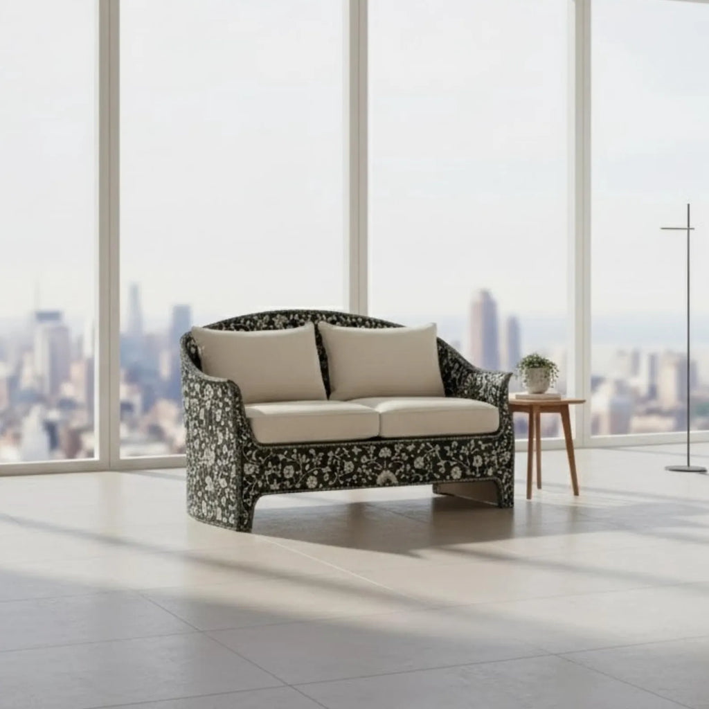 Handmade Blue Bone Inlay Sofa | Floral Resin Couch for Living Room | Boho Style Luxury Bone Inlay Furniture