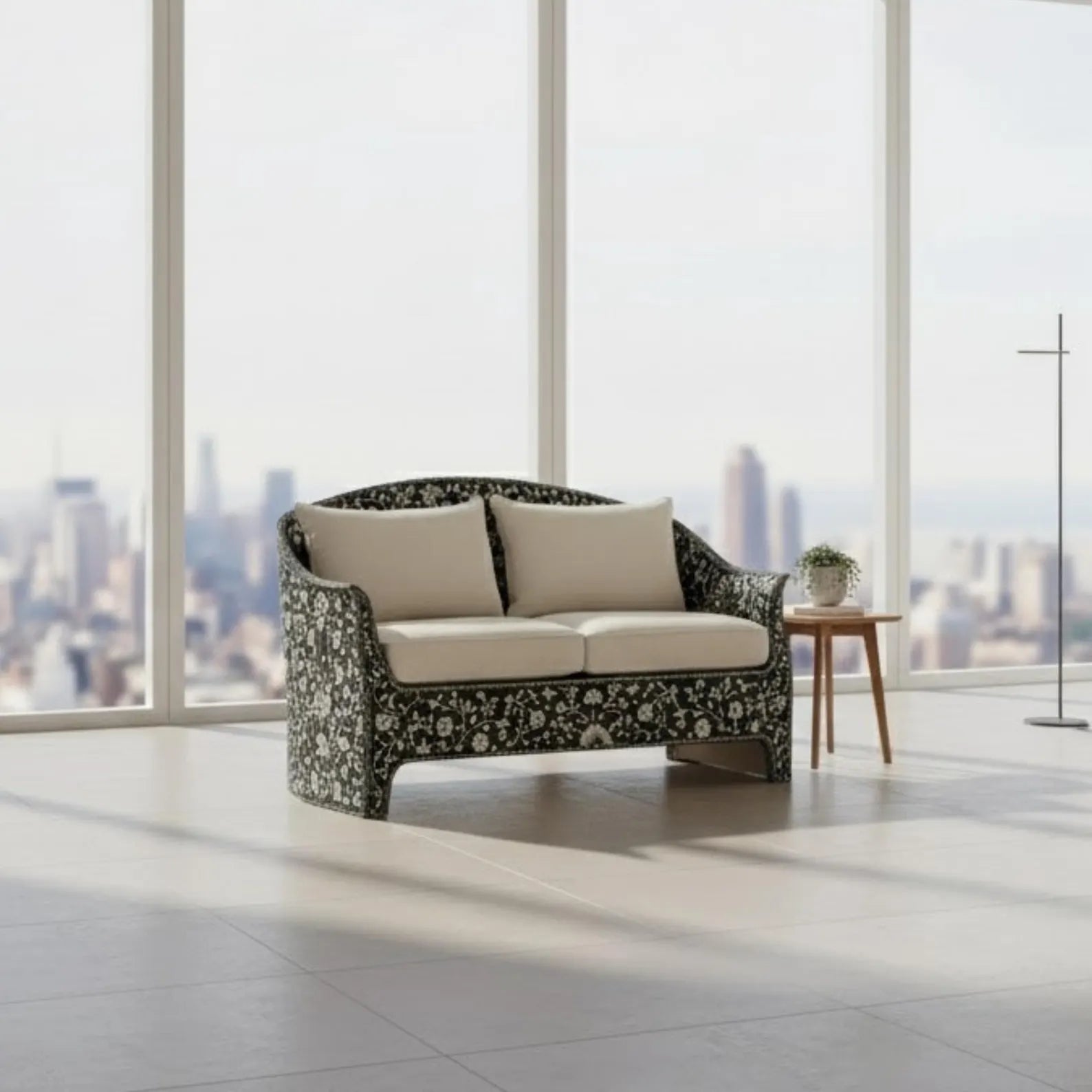 Handmade Blue Bone Inlay Sofa | Floral Resin Couch for Living Room | Boho Style Luxury Bone Inlay Furniture