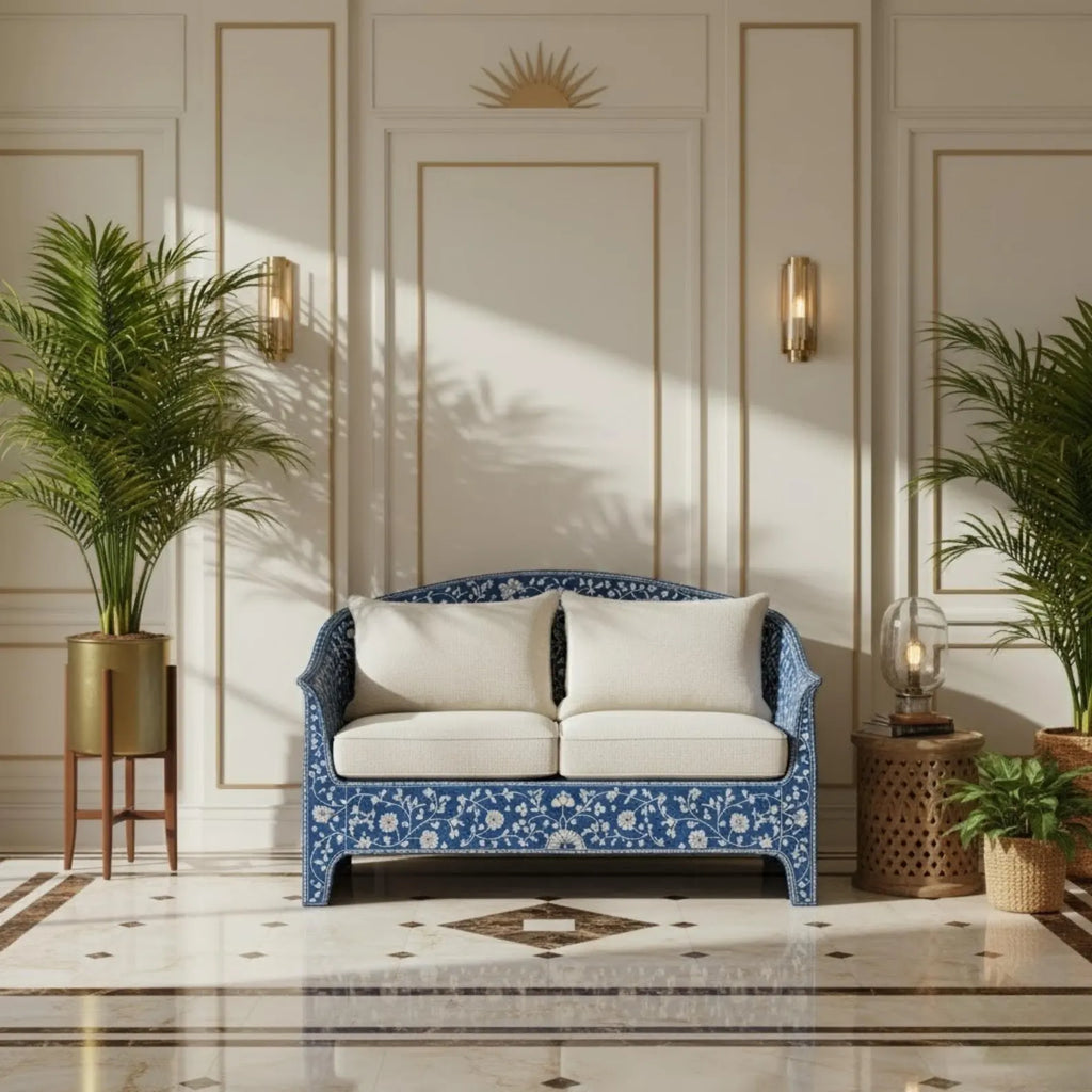 Handmade Blue Bone Inlay Sofa | Floral Resin Couch for Living Room | Boho Style Luxury Bone Inlay Furniture