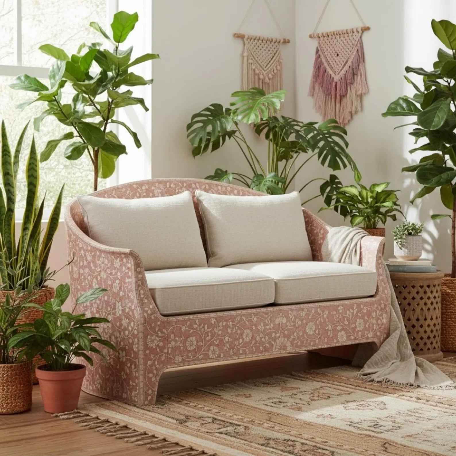 Handmade Blue Bone Inlay Sofa | Floral Resin Couch for Living Room | Boho Style Luxury Bone Inlay Furniture