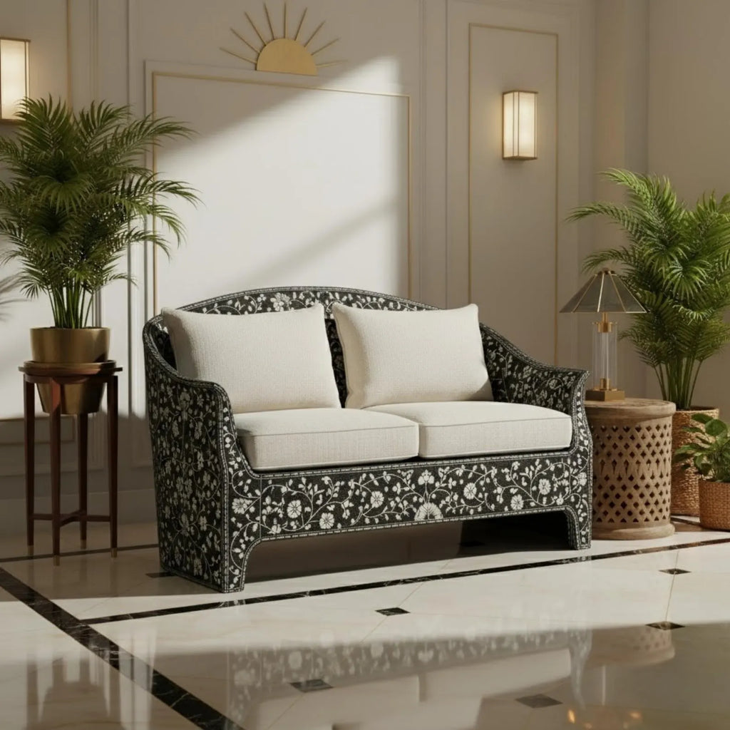 Handmade Blue Bone Inlay Sofa | Floral Resin Couch for Living Room | Boho Style Luxury Bone Inlay Furniture