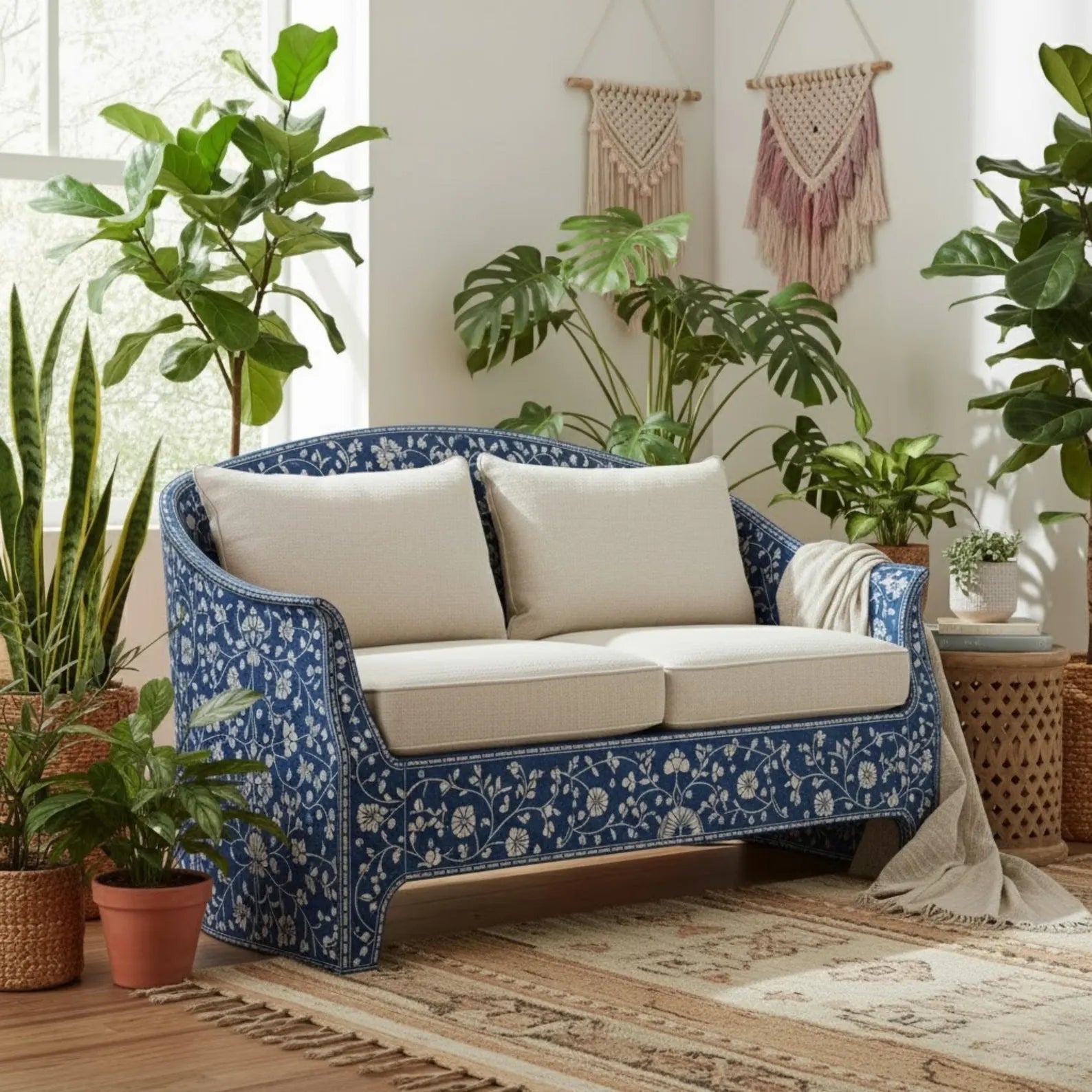 Handmade Blue Bone Inlay Sofa | Floral Resin Couch for Living Room | Boho Style Luxury Bone Inlay Furniture