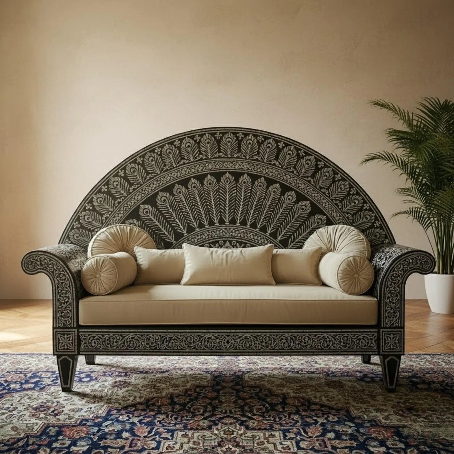 Handcrafted Bone Inlay Sofa | Elegant Royal Peacock Design | Luxury Indian Home Décor & Designer Furniture Piece