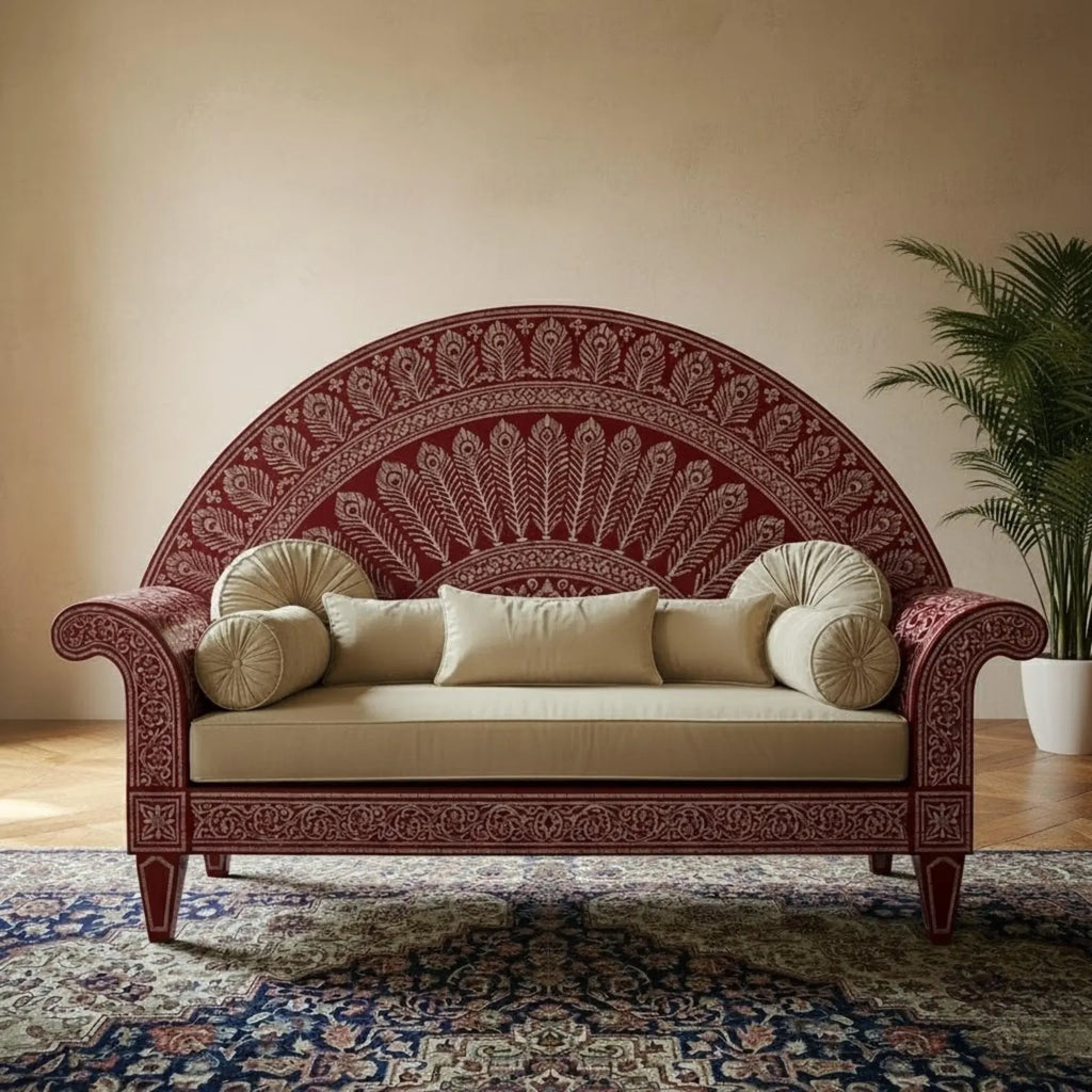Handcrafted Bone Inlay Sofa | Elegant Royal Peacock Design | Luxury Indian Home Décor & Designer Furniture Piece