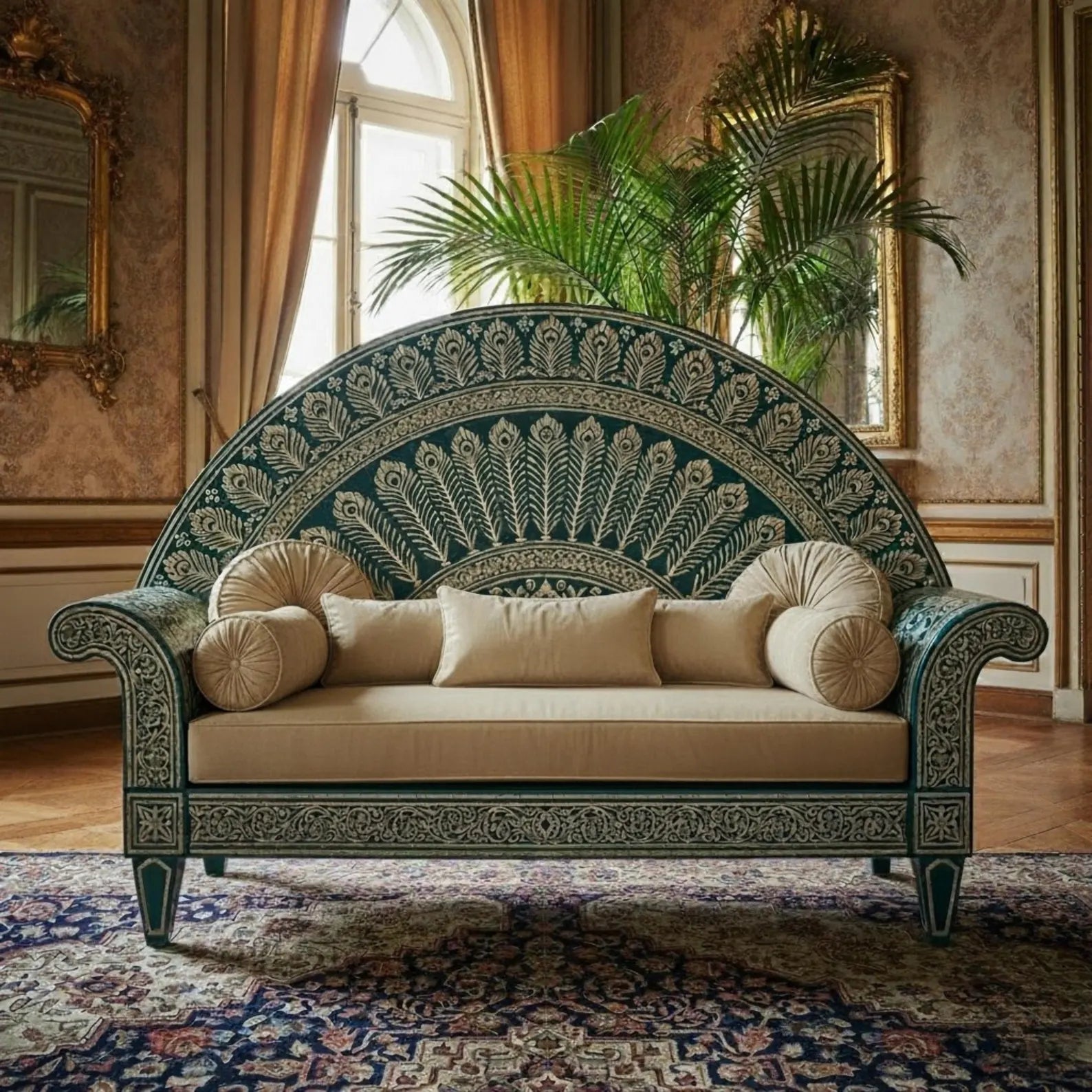 Handcrafted Bone Inlay Sofa | Elegant Royal Peacock Design | Luxury Indian Home Décor & Designer Furniture Piece