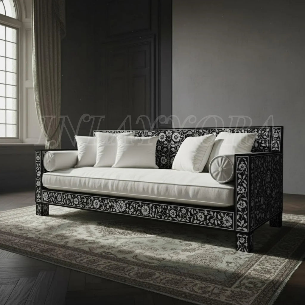 Handmade Bone Inlay Sofa with Floral Resin Pattern | Luxury Designer Seating for Living Room & Home Décor