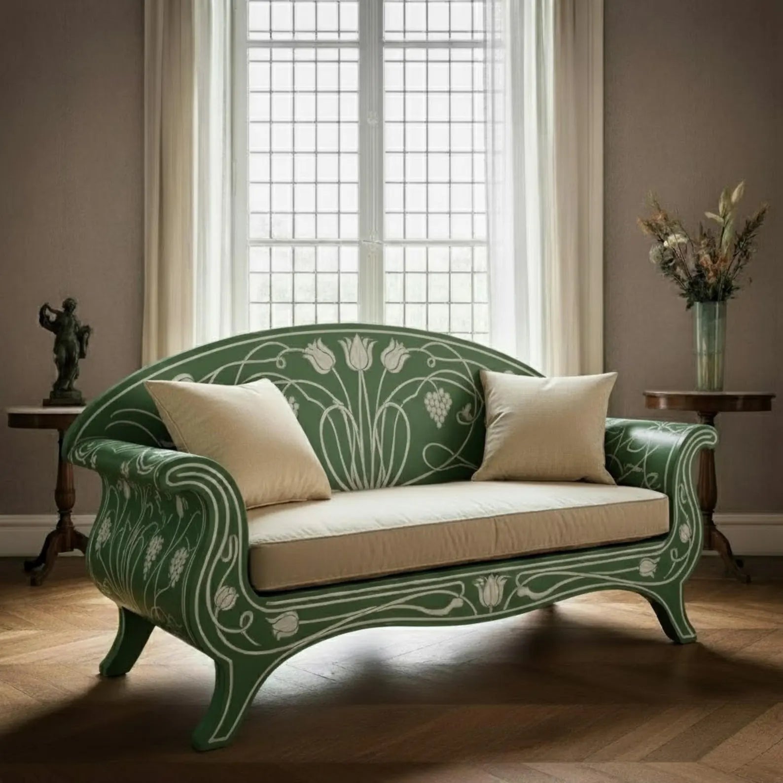 Bone Inlay Sofa | Curved Wooden Couch with Handmade Inlay Work | Luxury Designer Furniture for Living Room & Home Décor