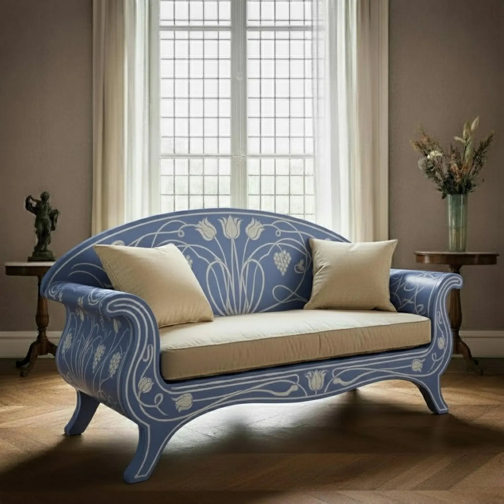 Bone Inlay Sofa | Curved Wooden Couch with Handmade Inlay Work | Luxury Designer Furniture for Living Room & Home Décor