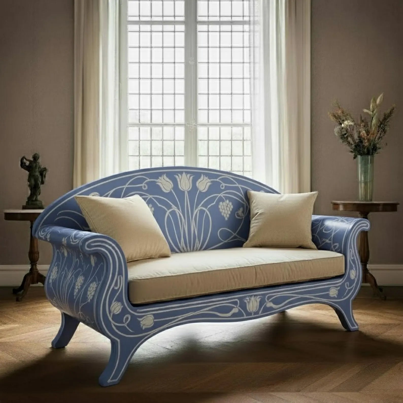 Bone Inlay Sofa | Curved Wooden Couch with Handmade Inlay Work | Luxury Designer Furniture for Living Room & Home Décor