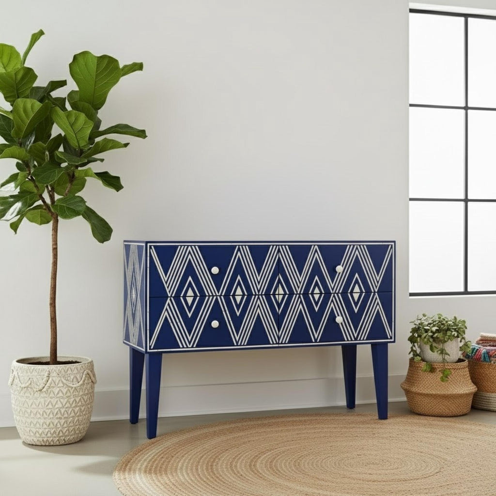 Blue Bone Inlay Console Table | Diamond Pattern Sideboard | Handmade Luxury Bone Inlay Furniture for Entryway & Living Room
