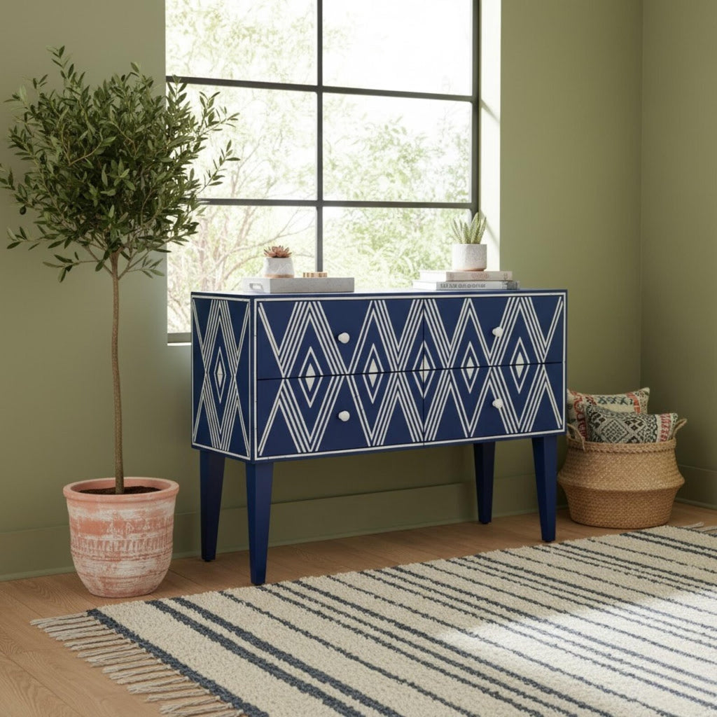 Blue Bone Inlay Console Table | Diamond Pattern Sideboard | Handmade Luxury Bone Inlay Furniture for Entryway & Living Room
