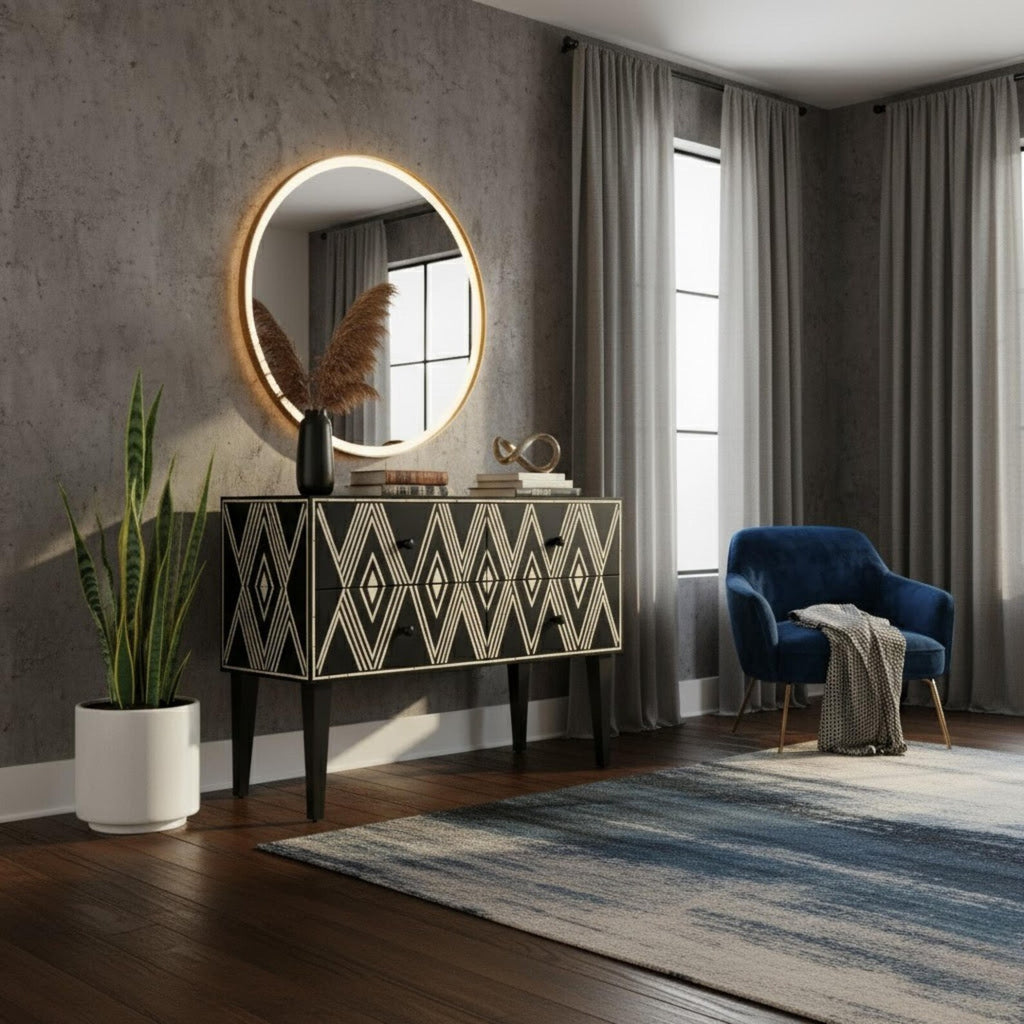 Blue Bone Inlay Console Table | Diamond Pattern Sideboard | Handmade Luxury Bone Inlay Furniture for Entryway & Living Room