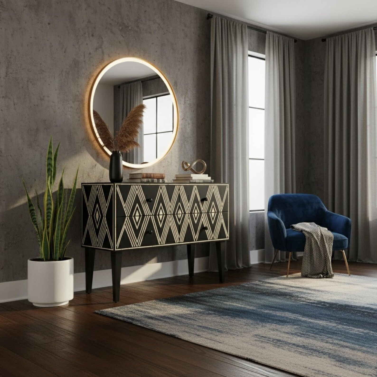 Blue Bone Inlay Console Table | Diamond Pattern Sideboard | Handmade Luxury Bone Inlay Furniture for Entryway & Living Room