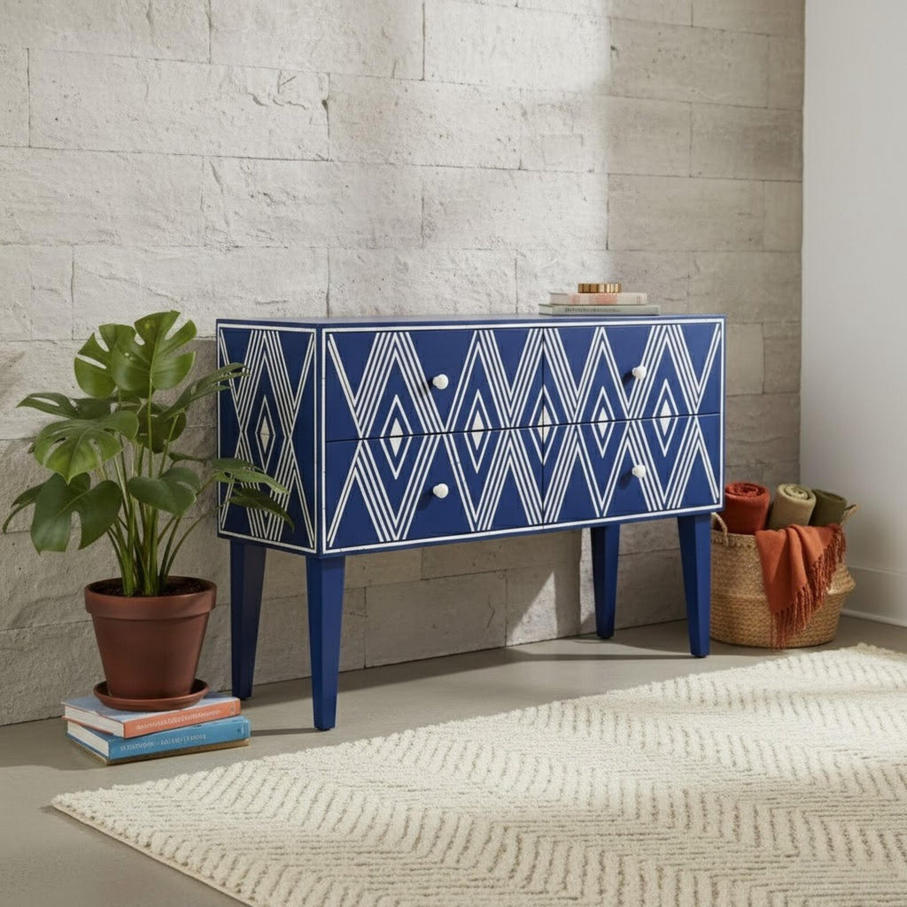 Blue Bone Inlay Console Table | Diamond Pattern Sideboard | Handmade Luxury Bone Inlay Furniture for Entryway & Living Room