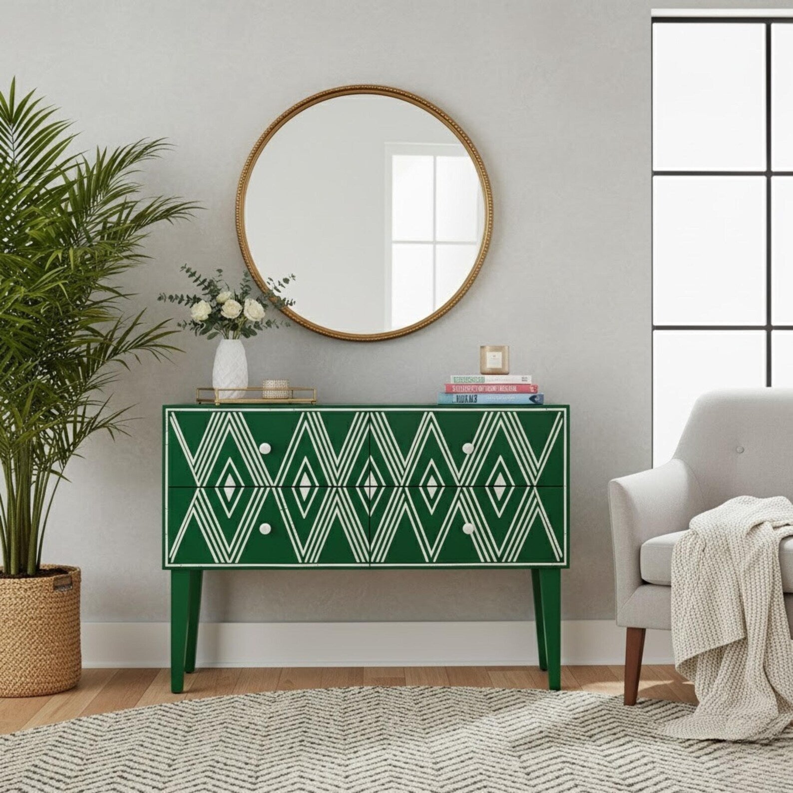 Blue Bone Inlay Console Table | Diamond Pattern Sideboard | Handmade Luxury Bone Inlay Furniture for Entryway & Living Room