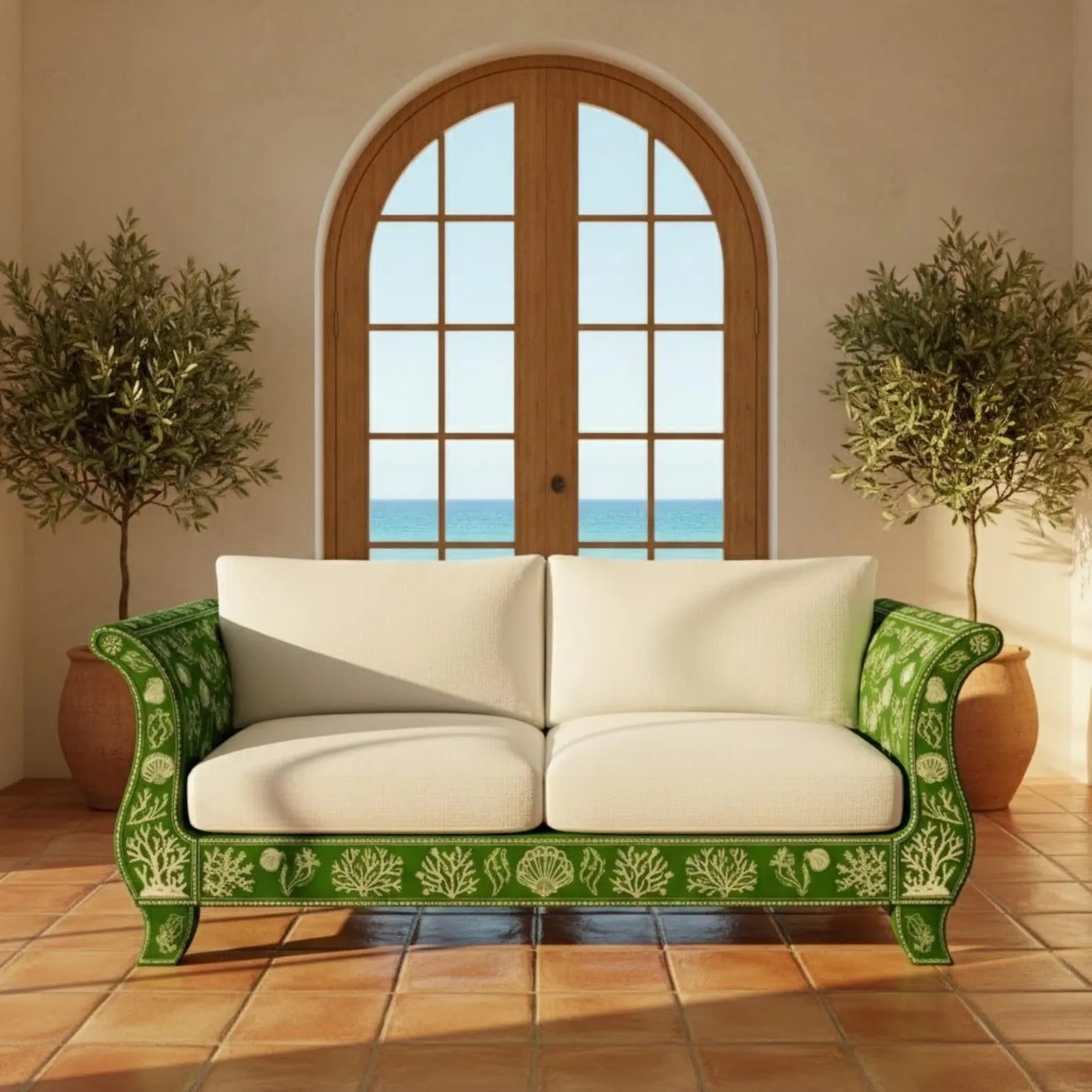 Handmade Bone Inlay Sofa | Luxury Floral Inlay Seating for Living Room | Designer Bone Inlay Couch with Elegant Craft Detailing