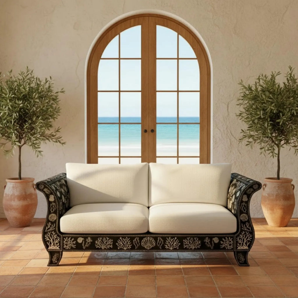 Handmade Bone Inlay Sofa | Luxury Floral Inlay Seating for Living Room | Designer Bone Inlay Couch with Elegant Craft Detailing