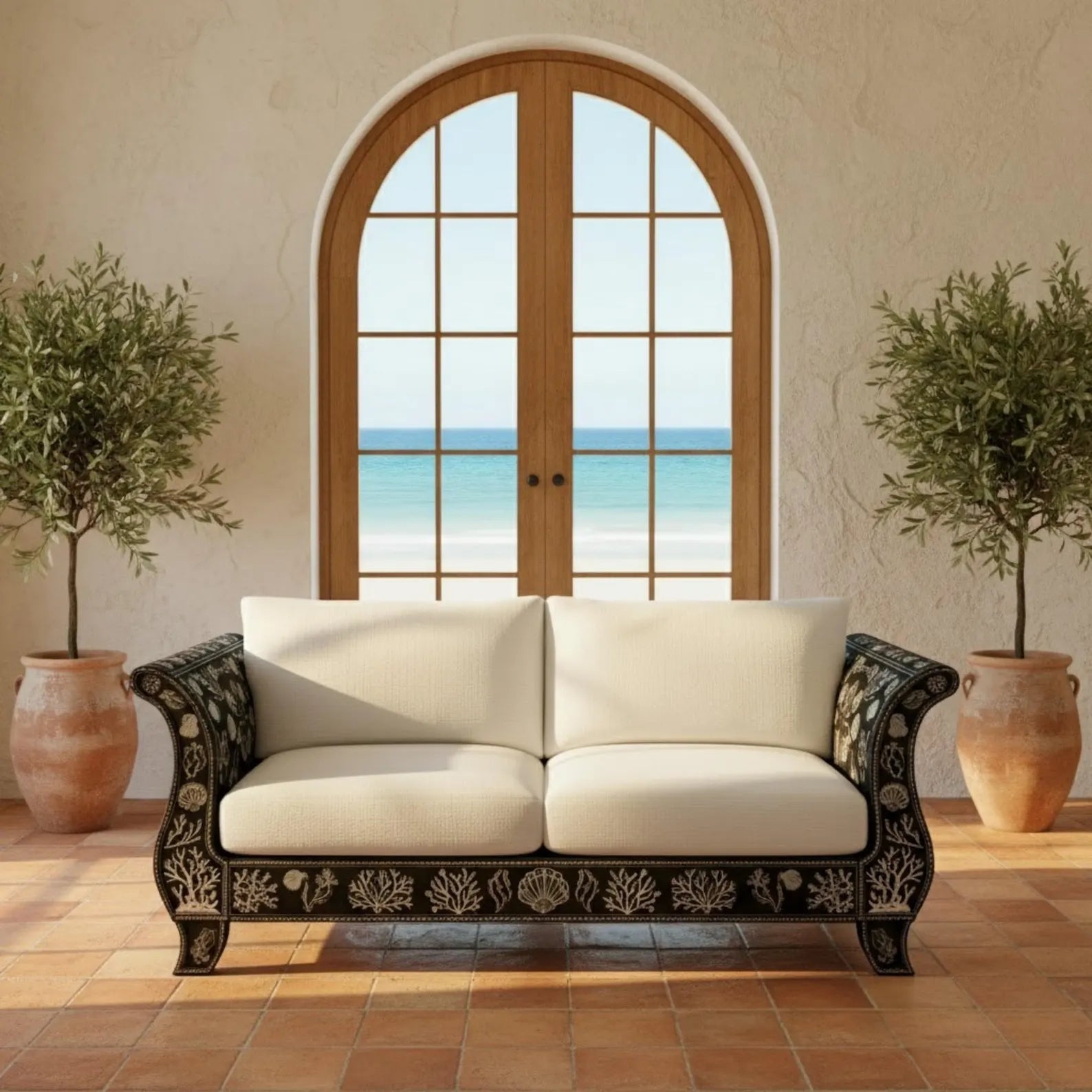 Handmade Bone Inlay Sofa | Luxury Floral Inlay Seating for Living Room | Designer Bone Inlay Couch with Elegant Craft Detailing